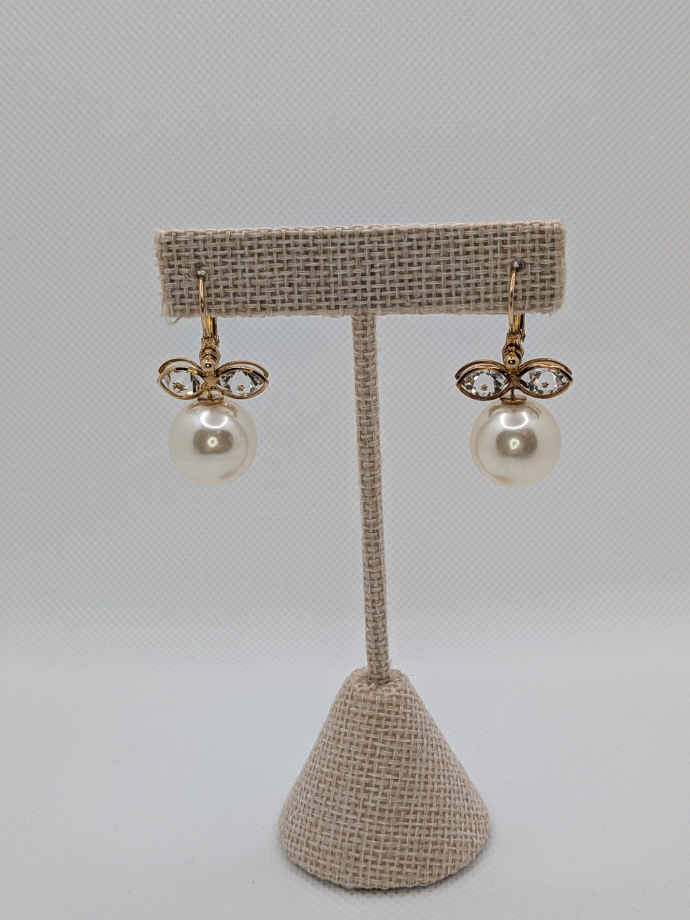 Vintage Gold Floating Crystal Bowtie Pearl Drop Earrings